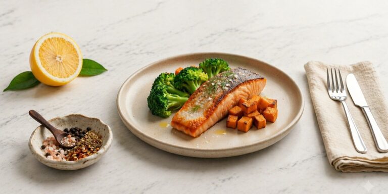 Pan-fried salmon with broccoli and sweet potato
