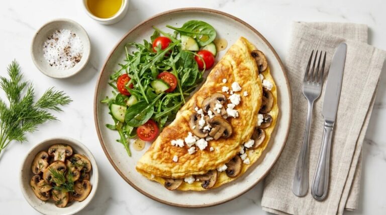 Omelet with mushrooms, feta and salad