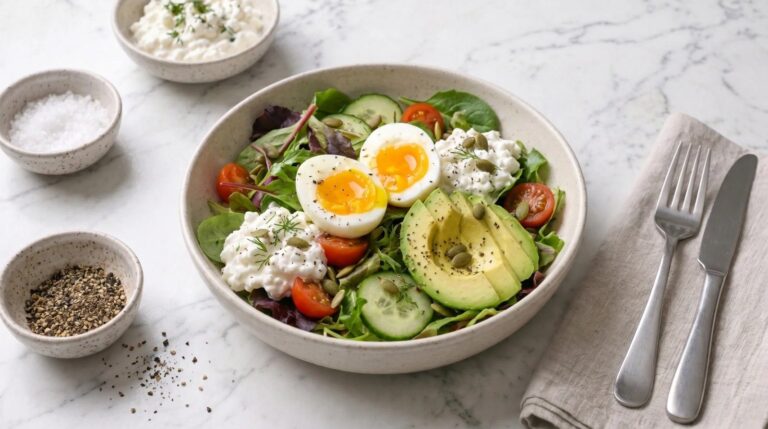 Salad with soft-boiled eggs, cottage cheese and avocado