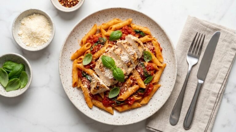 Pasta with chicken and tomato sauce