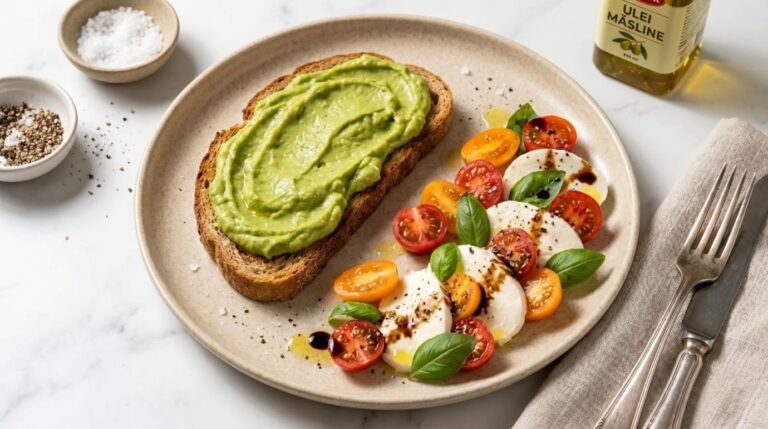 Whole wheat bread with avocado cream and caprese salad with mozzarella, tomatoes and basil