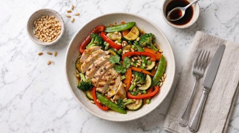 Chicken with vegetables, soy sauce and pine seeds