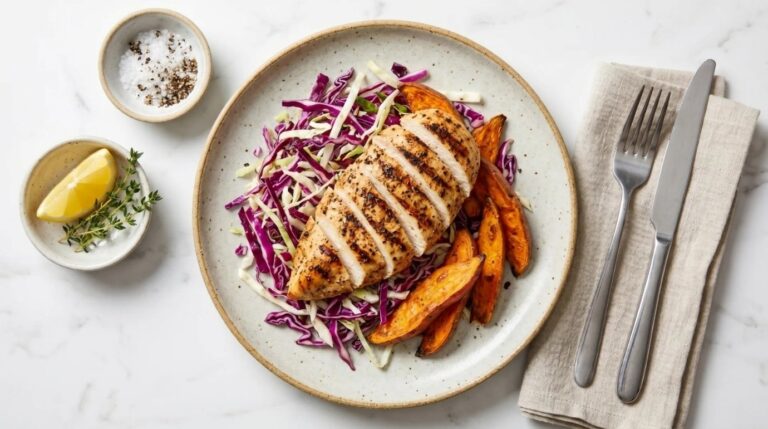Grilled chicken breast with sweet potato and crispy coleslaw