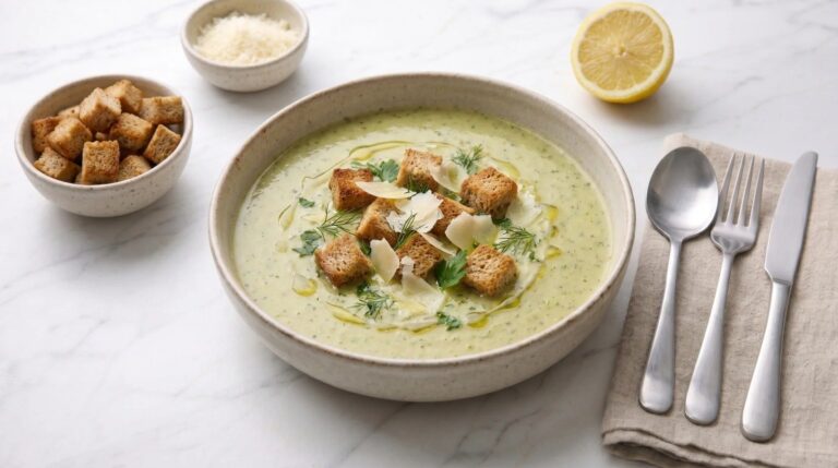 Zucchini cream soup with parmesan and wholemeal croutons