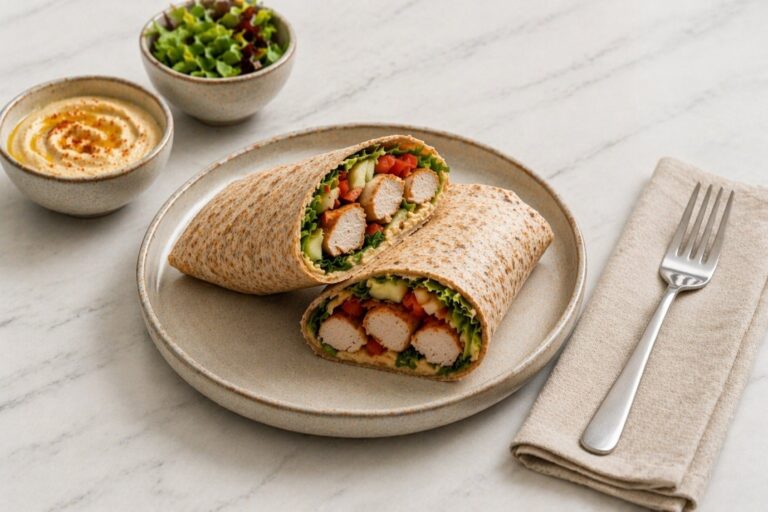 Wholemeal steak with chicken, hummus and salad