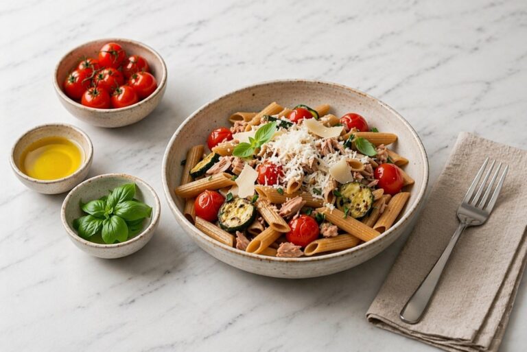 Whole grain pasta with tuna, zucchini and parmesan