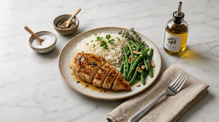 Browned chicken with basmati rice and lightly sautéed green beans