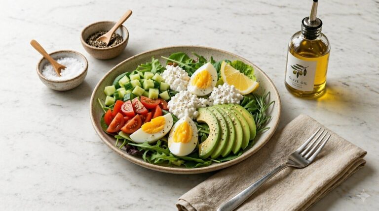 Salad with egg, cottage and avocado